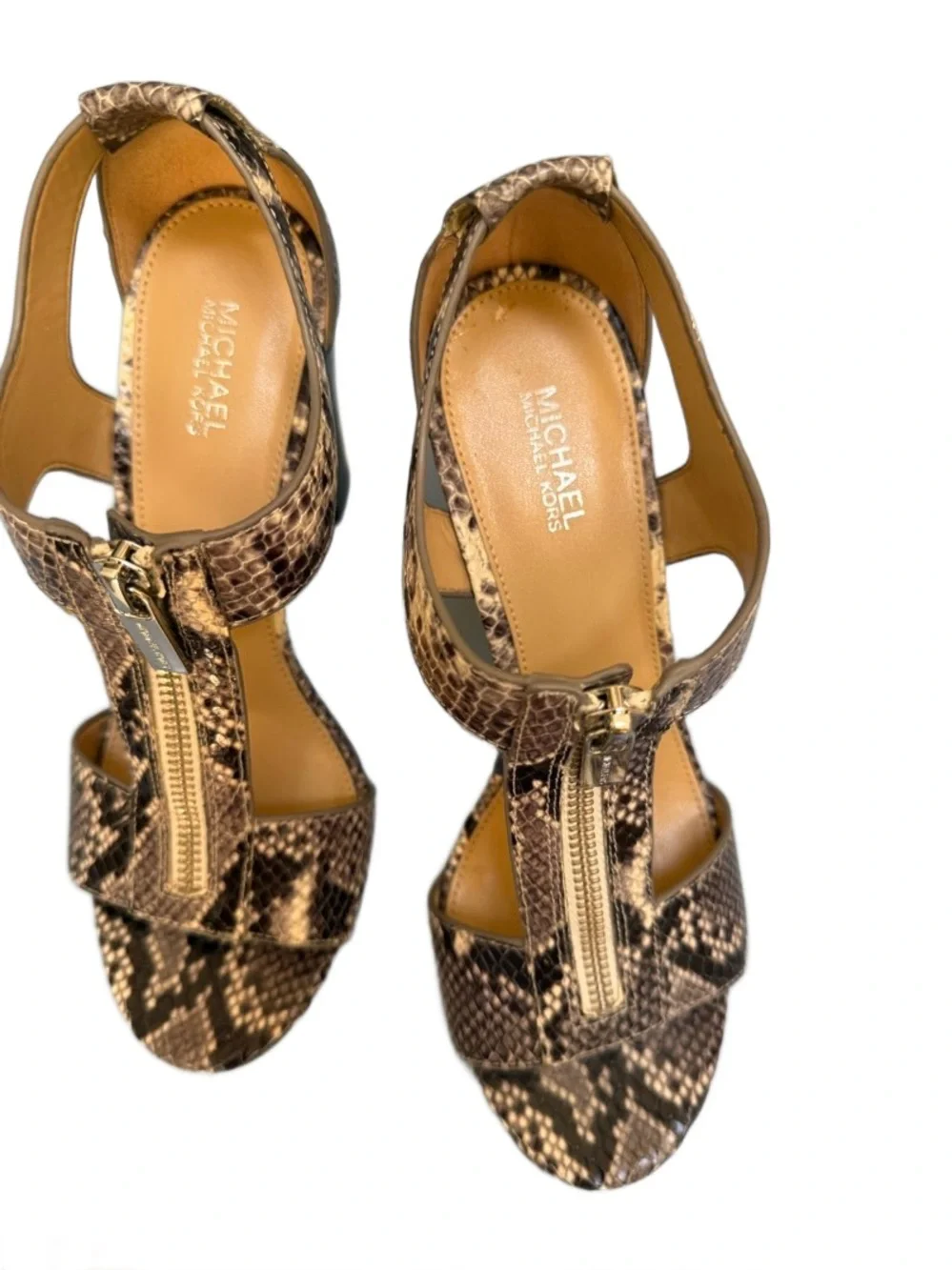 Michael Kors Brown Snake-Print Zip T-Strap Block Heels